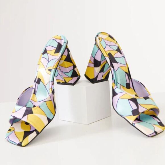 BRAND NEW BAMBOO UNTOLD 21 1960s STAINED GLASS SQUARE TOE MULE HEELS SANDAL - Picture 10 of 16